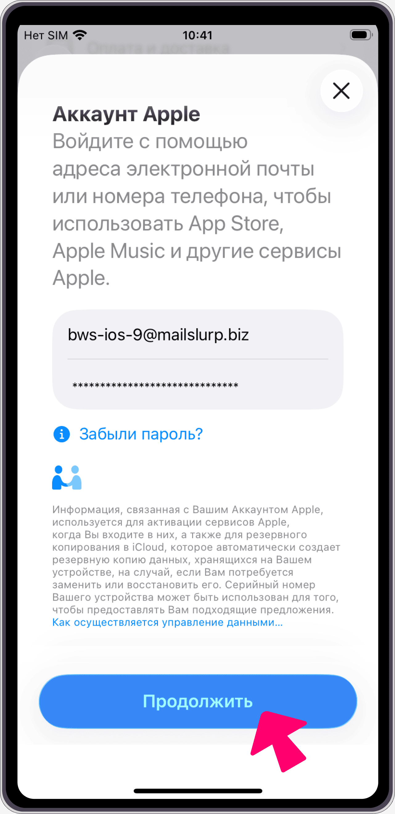 Ввод данных аккаунта